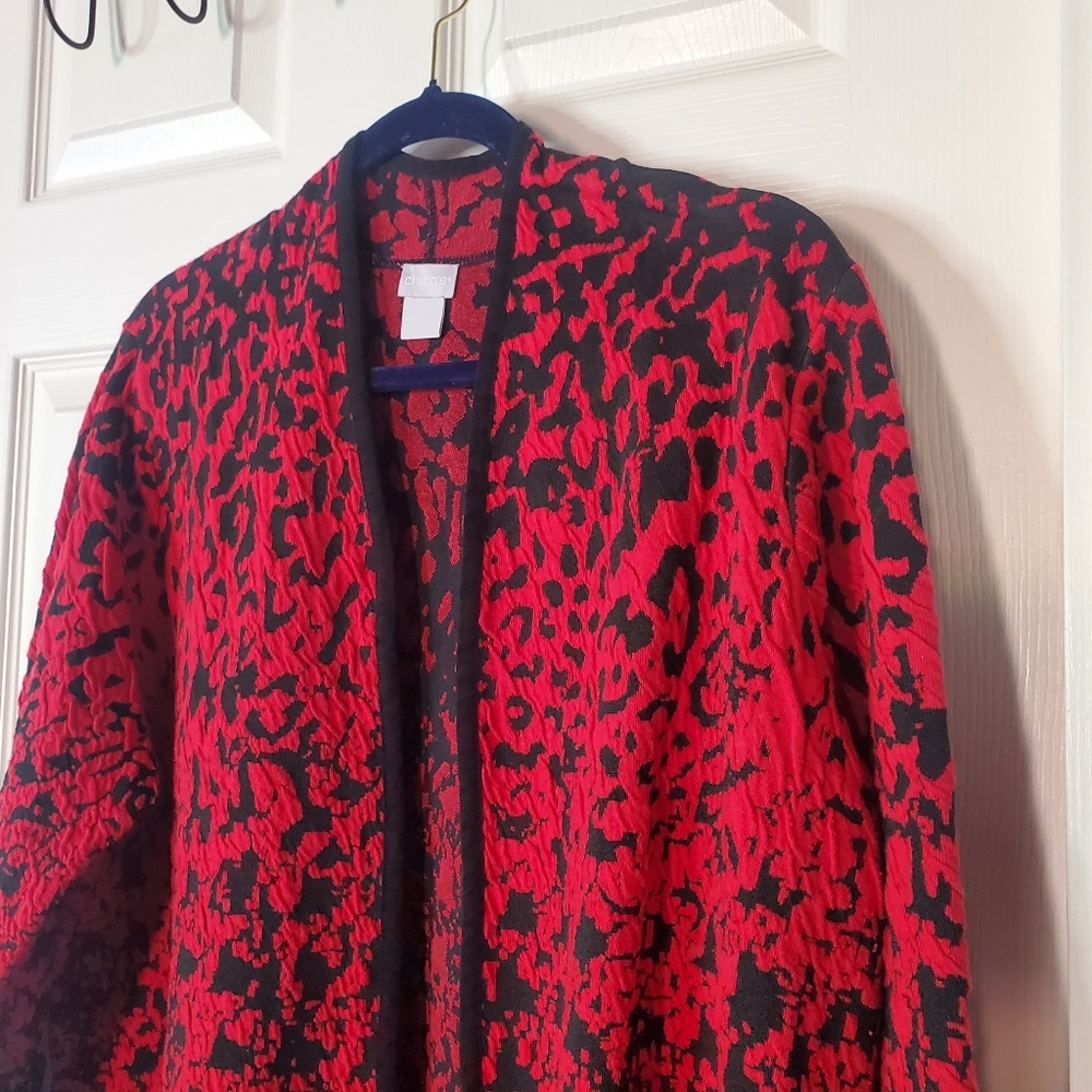 Chico's Red Animal Print Cardigan Sweater Open Holidays Christmas Evening Sz XL - Picture 4 of 13